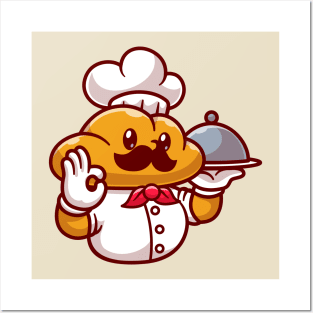 Cute Bread Chef Serving Food Cartoon Posters and Art